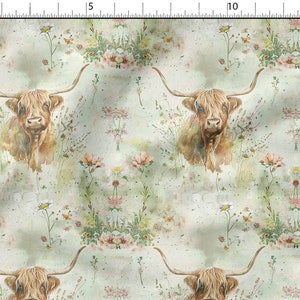 Watercolor highland cow  cotton 100%, Eco-print, Printed Cotton Fabric, Width 155cm /61&quot;