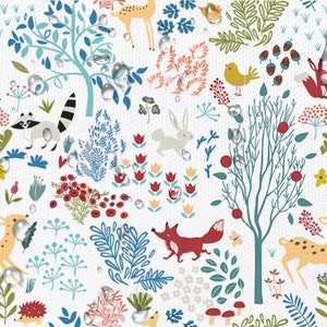 May include: A white background with a colorful pattern of woodland animals, flowers, and trees. The animals include deer, rabbits, foxes, raccoons, and birds. The flowers are in shades of red, pink, yellow, and blue. The trees are green and blue. There are also water droplets scattered throughout the pattern.