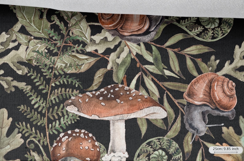 May include: A black background with a repeating pattern of green leaves, brown mushrooms, and brown snails. The mushrooms have white stems and brown caps with white spots. The snails have brown shells and grey bodies. The pattern is repeated throughout the image. 25cm/9.85 inch