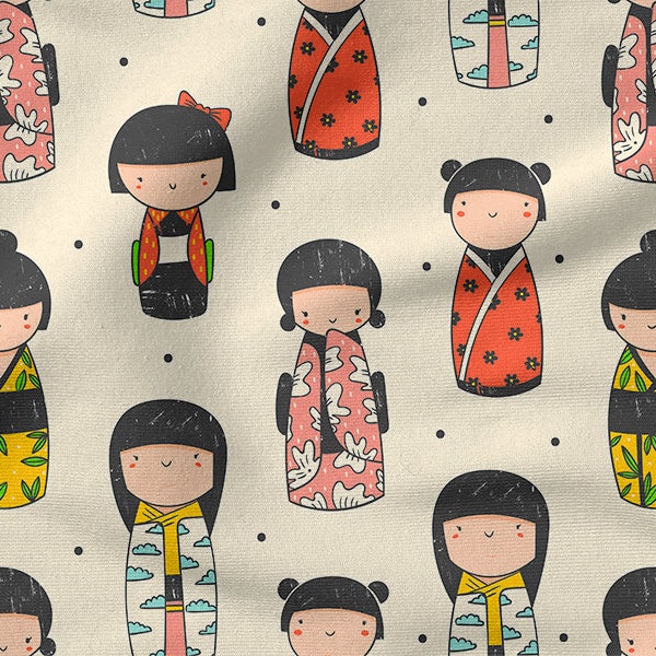 Coton coloré KOKESHI DOLLS 100%, Eco-print, Tissu en coton imprimé, Tissu DOLLS, Largeur 150cm /60"