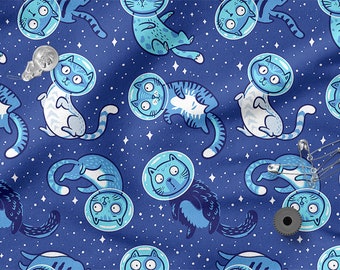 Cats in Space cotton 100%, Eco-print, Printed Cotton Fabric, Cotton Twill, Cotton Batiste, Cotton Canvas, Width 150cm /60"