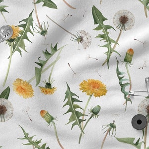 Dente di leone, Fiori del prato estivo cotone 100%, Eco-stampa, Tessuto di cotone stampato, Larghezza 150 cm /60"