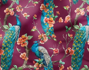 Pavone acquerello, cotone 100%, stampa ecologica, tessuto di cotone stampato, larghezza 150 cm / 60"