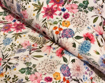 Summer Meadow Flowers, Linen 100%, Eco-print, Printed Linen fabric, Softened linen for sewing, Width 150cm /60"