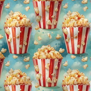 Puede incluir: Un patrón sin costuras con contenedores de palomitas de maíz a rayas rojas y blancas llenos de palomitas de maíz sobre un fondo azul de acuarela.