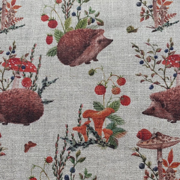 Linen fabric, Forest Animals, Hedgehogs, Beige in melange, Softened linen for sewing, Width 150cm /60"