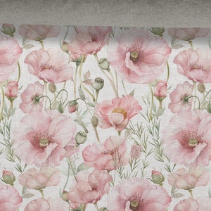 May include: A seamless pattern featuring delicate pink watercolour poppies on a white linen background. The flowers are arranged in a repeating pattern, with green leaves and stems interspersed throughout.