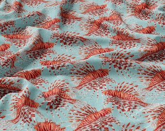 Red Lionfish Linen 100%, Eco-print, Printed Linen fabric, Softened linen for sewing,  1pc = 65cm
