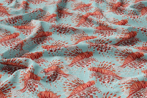 Red Lionfish Linen 100%, Eco-print, Printed Linen fabric, Softened linen for sewing, Width 150cm /60"
