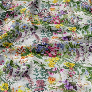 Summer Meadow Flowers, Lino 100%, Eco-print, Tessuto di lino stampato, Lino ammorbidito per cucire, Larghezza 150 cm /60"
