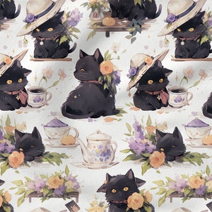 Puede incluir: Un patrón sin costuras con gatos negros que llevan sombreros de paja y sostienen tazas de té. Los gatos están rodeados de flores moradas y amarillas, teteras y otros elementos relacionados con el té.