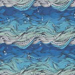 May include: Abstract blue, green, and white patterned waves with white dots on a blue background.