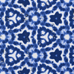 May include: A seamless pattern of blue and white tie-dye with a water drop effect. The pattern is made up of repeating circles and stars.