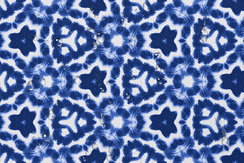 May include: A seamless pattern of blue and white tie-dye with a water drop effect. The pattern is made up of repeating circles and stars.
