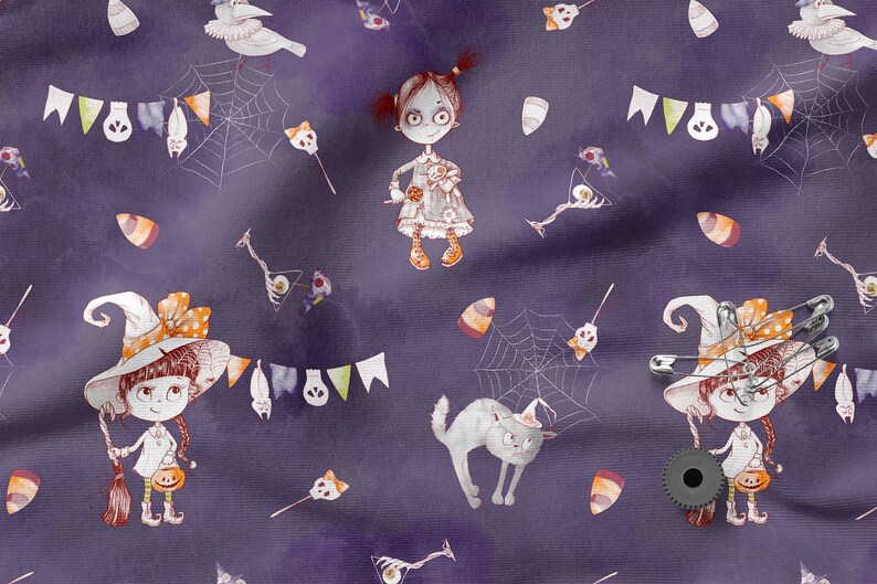 May include: A purple fabric with a repeating pattern of Halloween characters and objects. The pattern includes witches, a cat, a spider web, candy corn, and a girl with a doll.