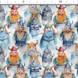 May include: A white fabric with a repeating pattern of watercolour illustrations of Viking warriors. The warriors are wearing horned helmets, blue tunics, and have long beards. Some are holding axes and shields.