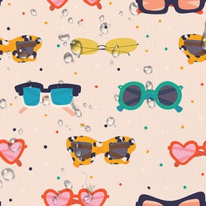 Könnte beinhalten: Ein nahtloses Muster mit verschiedenen Sonnenbrillen-Stilen mit Wassertropfen auf einem hellrosa Hintergrund mit bunten Punkten.