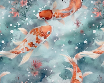 Koi fish  cotton 100%, Eco-print, Printed Cotton Fish fabric, Width 150cm /60"