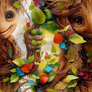 May include: Two smiling, cartoon-style, brown tree figures with green leaves and colorful flowers. The figures are standing side-by-side, with their arms outstretched.