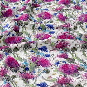 Tessuto di lino floreale, fiori estivi, lino 100%, lino ammorbidito per cucito, larghezza 150 cm /60"