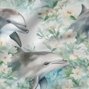 Watercolor dolphins patterns cotton 100%, Eco-print, Printed Cotton Fabric, dolphins fabric, Width 150cm /60"