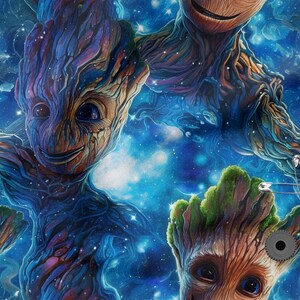 May include: A repeating pattern of a blue, green, and brown cartoon character with a smiling face against a blue and white starry background.