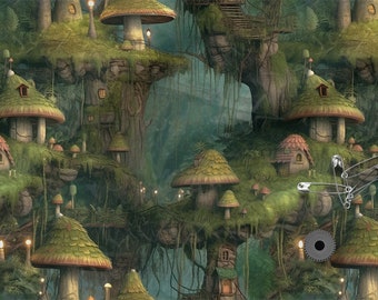 Fairytale forest  cotton 100%, Eco-print, Printed Cotton fairytale forest fabric, Width 150cm /60"