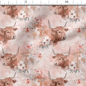 Watercolor highland cow ,floral cotton 100%, Eco-print, Printed Cotton Fabric, Width 150cm /60&quot;