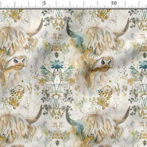 Watercolor floral highland cow cotton 100%, Eco-print, Printed Cotton Fabric, Width 150cm /60&quot;
