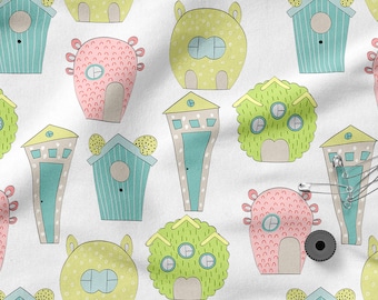 Village Cotton Fabric, Eco-print, Cotton Knit Fabric, Sweatshirt Fabric Cottages Pattern- fabrics to choose from