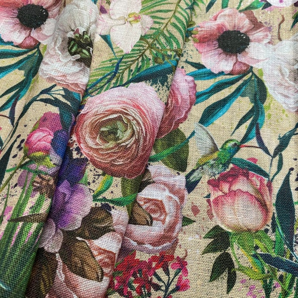 Leinenstoff Exotische Blumen, Beige, Weiches Leinen zum Nähen, Breite 150cm /60"