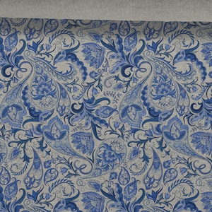 Linen fabric Paisley, Blue Flowers Linen Fabric, Beige in melange, Softened linen for sewing, Width 150cm /60&quot;