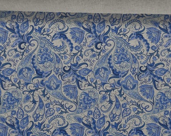 Linen fabric Paisley, Blue Flowers Linen Fabric, Beige in melange, Softened linen for sewing, Width 150cm /60"