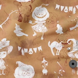 May include: A brown fabric with a white Halloween pattern. The pattern includes witches, pumpkins, cats, and bats. The fabric is perfect for crafting and sewing Halloween projects.