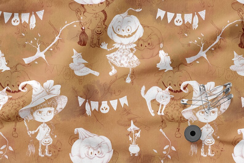 May include: A brown fabric with a white Halloween pattern. The pattern includes witches, pumpkins, cats, and bats. The fabric is perfect for crafting and sewing Halloween projects.