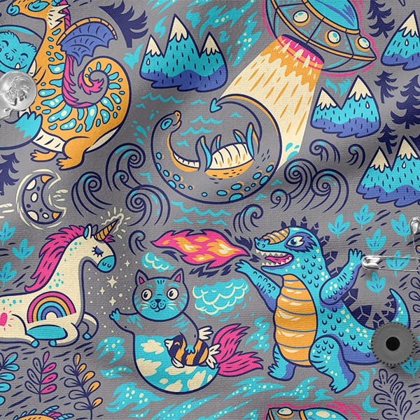 FAIRY-TALE ANIMALS, Colorful Animals cotton 100%, Eco-print, Printed Cotton Fabric, Fairy-tale creatures fabric, Width 150cm /60"