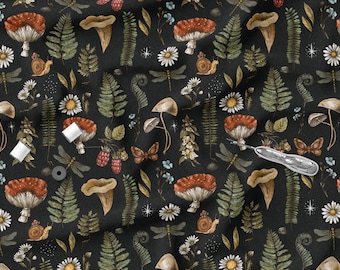 Cotton Knit Fabric Forest, Stretchable, Mushrooms Colorful Cotton Knit, Eco-Print, 200gsm weight
