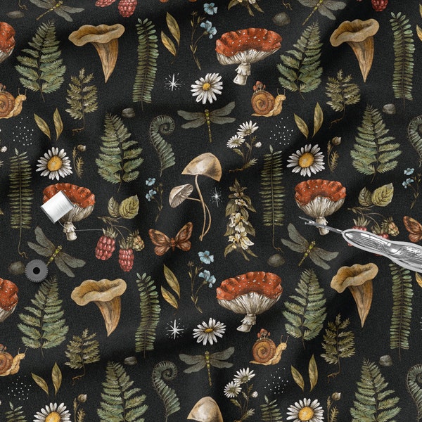 Forêt de tissu tricoté en coton, extensible, tricot de coton coloré de champignons, éco-impression, poids 200gsm
