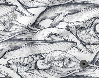 Whale World cotton 100%, Eco-print, Printed Cotton Fabric, Whale fabric, Width 150cm /60"