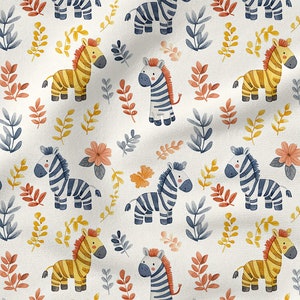 Könnte beinhalten: Ein nahtloses Muster mit Aquarell-Illustrationen von Zebras und stilisierten Blättern in Blautönen, Gelb, Orange und Rot auf weißem Hintergrund.