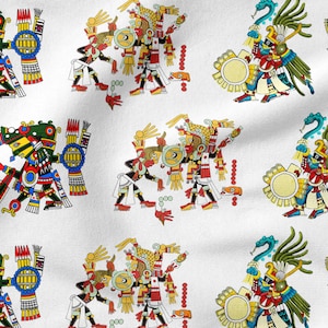 May include: A white fabric with a repeating pattern of colorful, stylized figures. The figures are drawn in a traditional Aztec style and depict a variety of mythical creatures and deities.