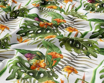 Summer EXOTIC Flowers, Linen 100%, Eco-print, Printed Linen fabric, Softened linen for sewing, Width 150cm /60"