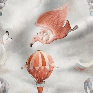 MAGIC DREAMS, Sky Clouds Baloons Birds, cotton 100%, Eco-print, Printed Cotton Fabric, Width 155cm /61"