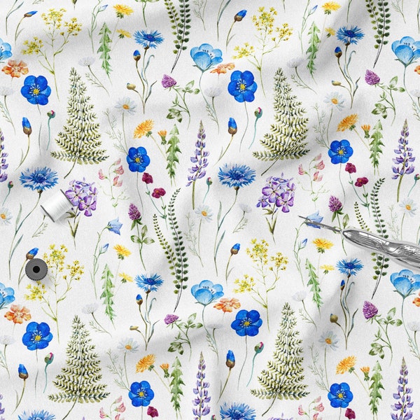 Summer Meadow Flowers, Cotton Knit Fabric, Jersey Knit fabric, Sweatshirt Knit Fabric, Eco-Print, Width 150cm /1.64 yards
