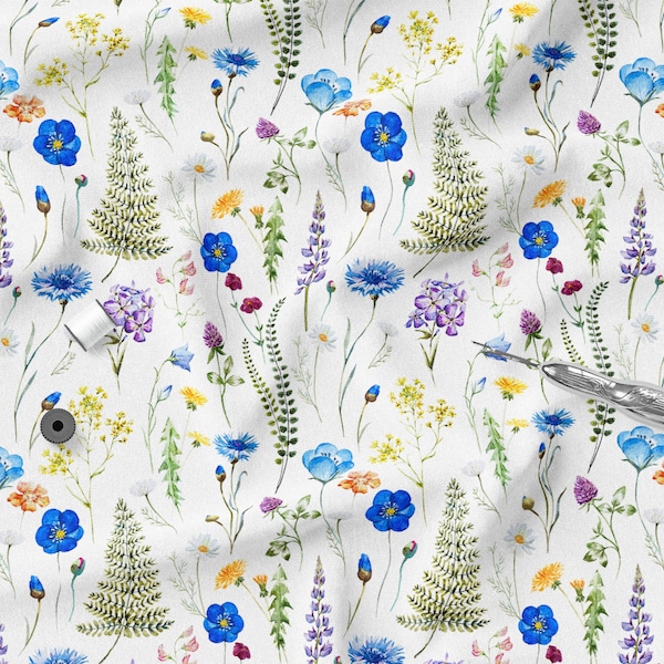 Summer Meadow Flowers, Cotton Knit Fabric, Summer Meadow Flowers, Cotton Knit Fabric,