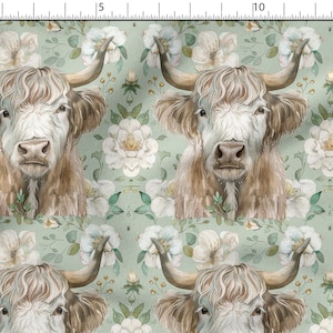 Highland cow floral cotton 100%, Eco-print, Printed Cotton garden fabric, Width 150cm /60&quot;