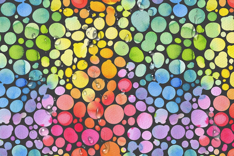 Puede incluir: Un patr&oacute;n abstracto colorido de c&iacute;rculos de acuarela en tonos de rojo, naranja, amarillo, verde, azul, morado y rosa sobre un fondo negro. Los c&iacute;rculos est&aacute;n dispuestos en un patr&oacute;n aleatorio y parecen estar h&uacute;medos con gotas de agua.