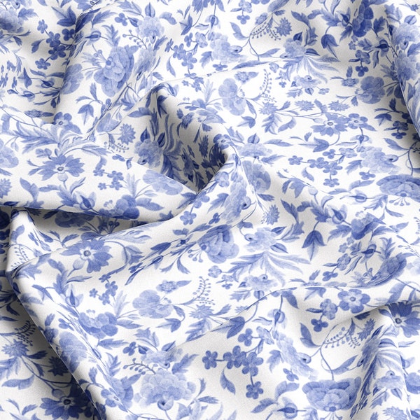 Blaue Blumen VISKOSE Stoff 100%, Eco-print, bedruckter Viskose-Stoff, Kinder-Muster, Leicht und Zart, Breite 145cm