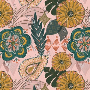 May include: A pink background with a repeating pattern of green, yellow, and orange flowers, leaves, and paisley shapes. Water droplets are scattered across the surface.