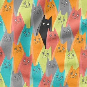 May include: A black cat stands out amongst a crowd of colorful cats with different patterns. The cats are all facing forward with big eyes and whiskers.